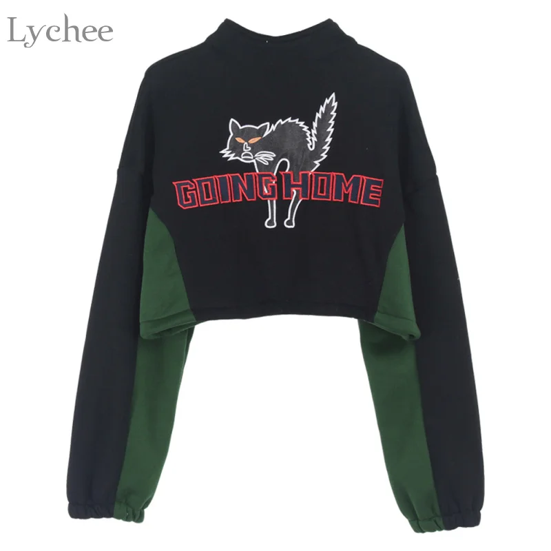

Lychee Spring Autumn Women Crop Top Going Home Cat Letter Embroidery Long Sleeve Fleece Jacket Coat