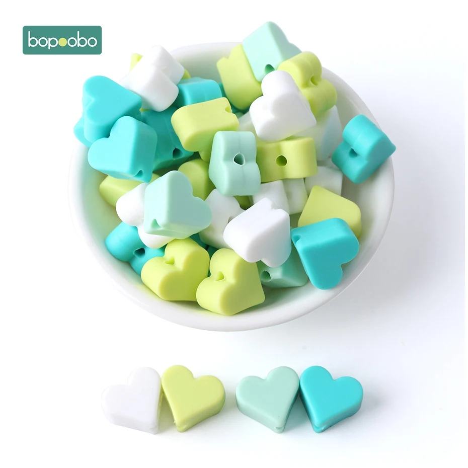 Bopoobo 40 шт. Силиконовые бусы для прорезывания зубов, Прорезыватель для зубов, аксессуары, пищевая жемчужина, силиконовая звезда, Прорезыватель для зубов, пустышка, изготовление прорезывателей - Цвет: Green Series Heart