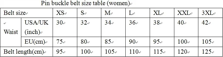 女士针扣皮带尺码表