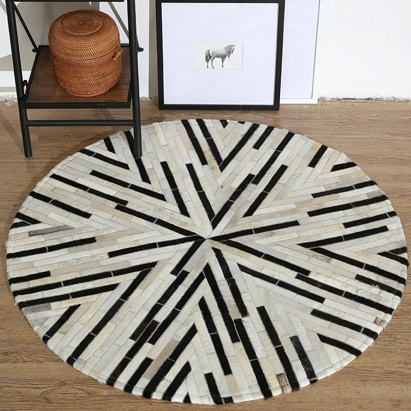 

Black And White Hand Stitching Cowhide Round Carpets, The Sitting Room The Bedroom Rugs, The Sofa Geometric Luxury Large Carpet