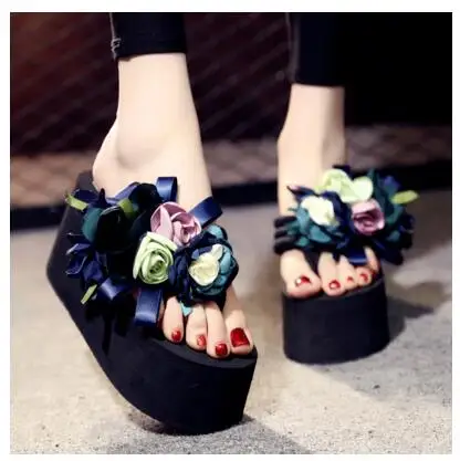 Г., Женская обувь в богемном стиле, шлепанцы Уличная обувь женская пляжная обувь на танкетке и высоком каблуке женские вьетнамки на платформе с цветочным принтом, обувь для вечеринок - Цвет: Heel 8cm