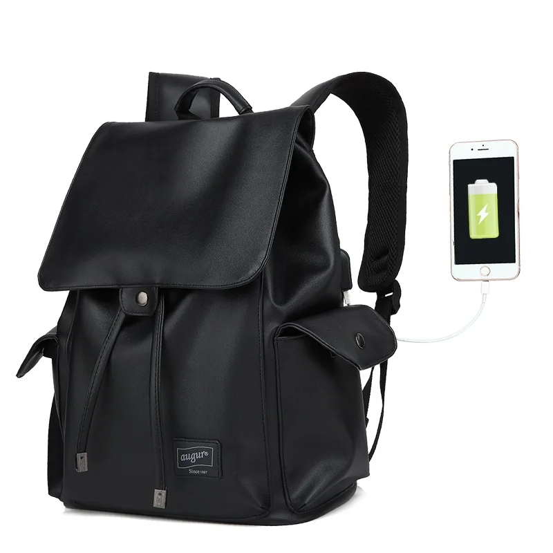 

AUGUR Brand PU Leather Backpack Teenagers College Leisure Shoulder Bag USB Interface Student Bag Shockproof Laptop Backpack