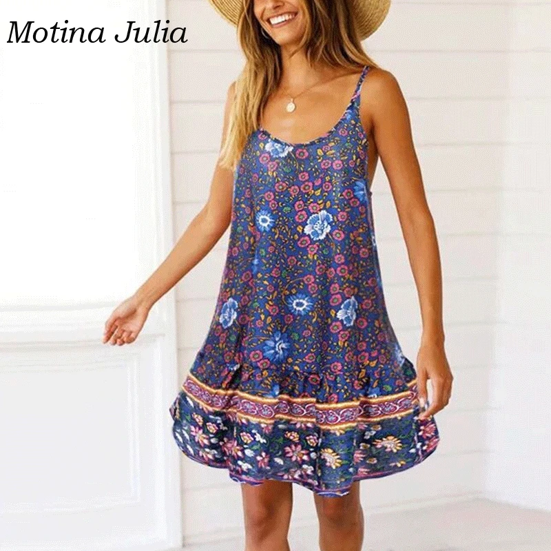 Motina Julia 2019 летний сарафан с принтом Бохо женское повседневное пляжное мини платье