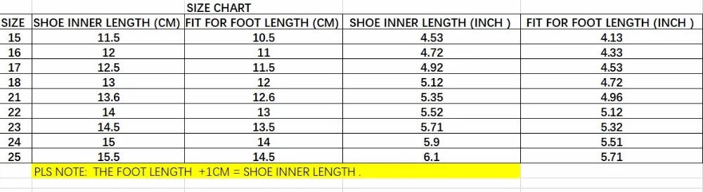 shoe chart list
