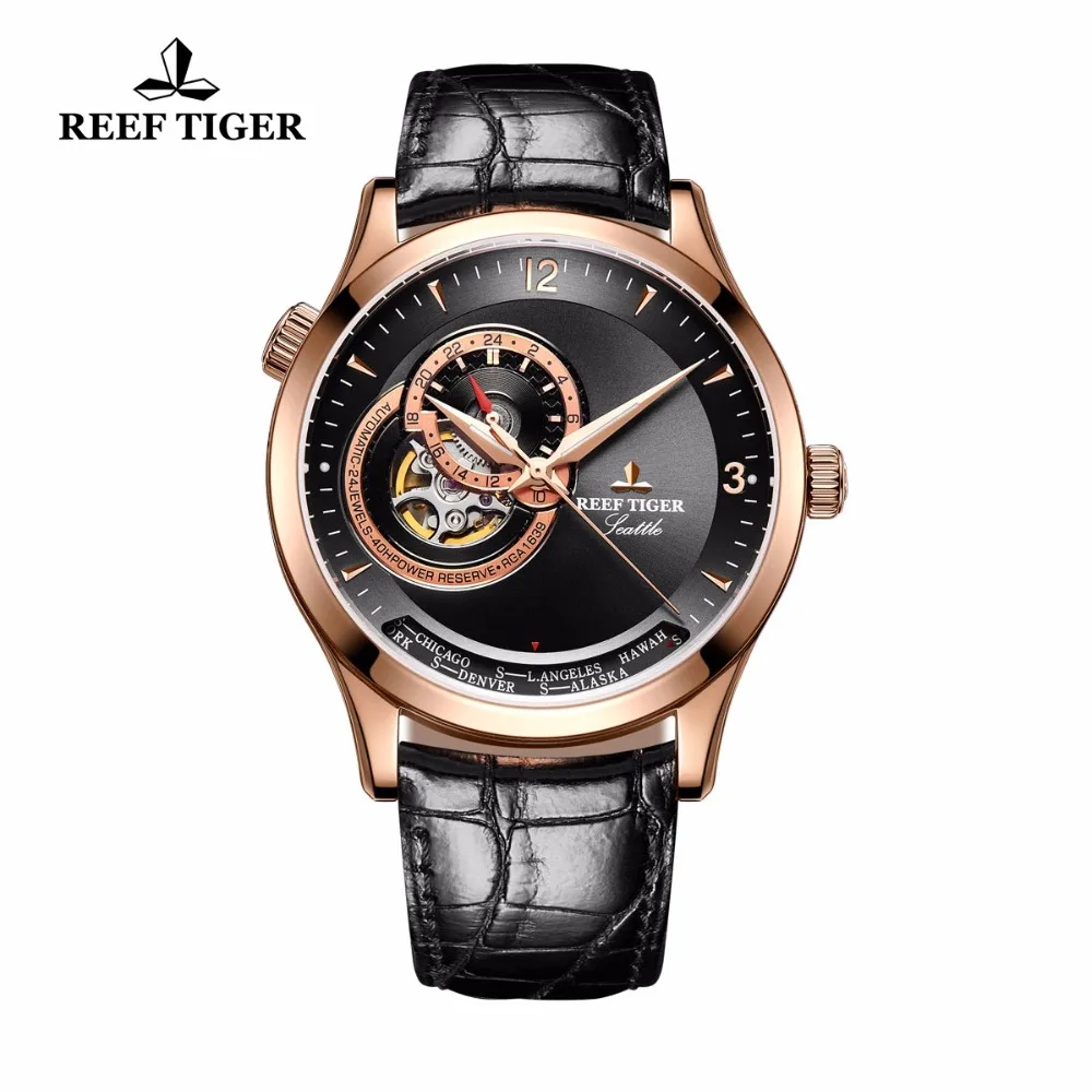 

2017 New Reef Tiger Luxury Brand Casual Automatic Watches Men Leather Strap Rose Gold Black Dial Watch Clock Relogio Masculino