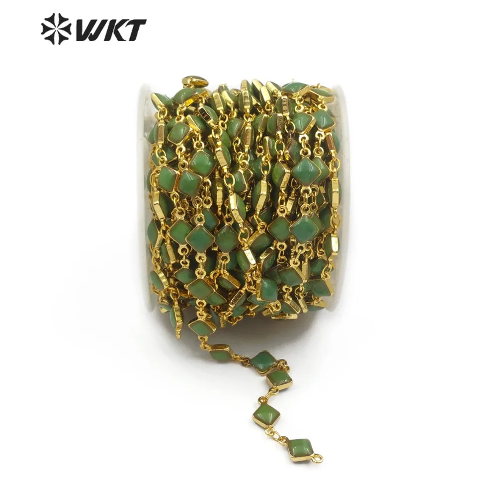 

WT-RBC101 Dark Grenn Color Resin Bead Chain Square Shape Bead Rosary Chain Gold Electroplated Handmade Chain For Jewelry Making