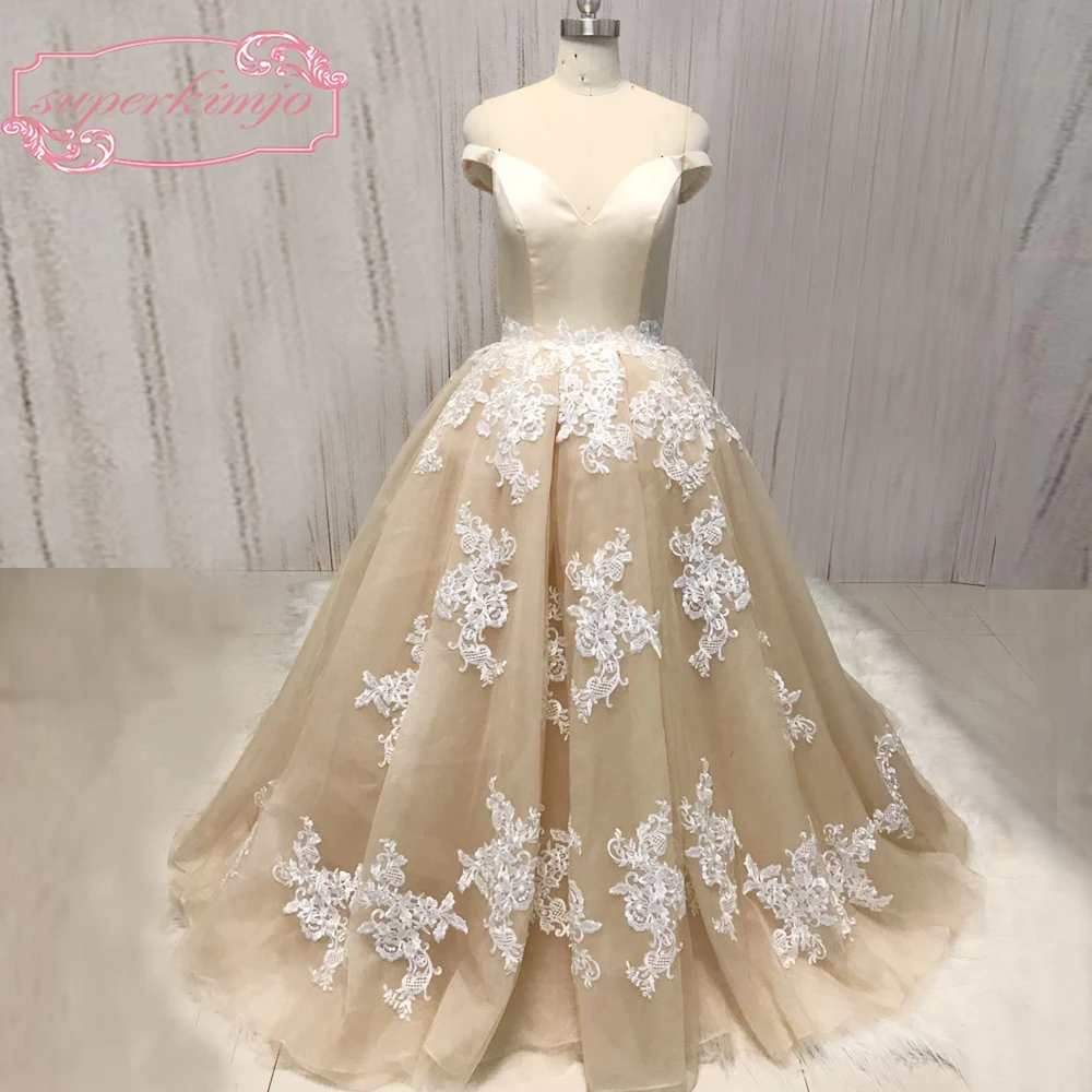 

SuperKimJo Off the Shoulder Champagne Prom Dresses 2018 Elegant Lace Applique Arabic Formal Gowns Vestido De Festa