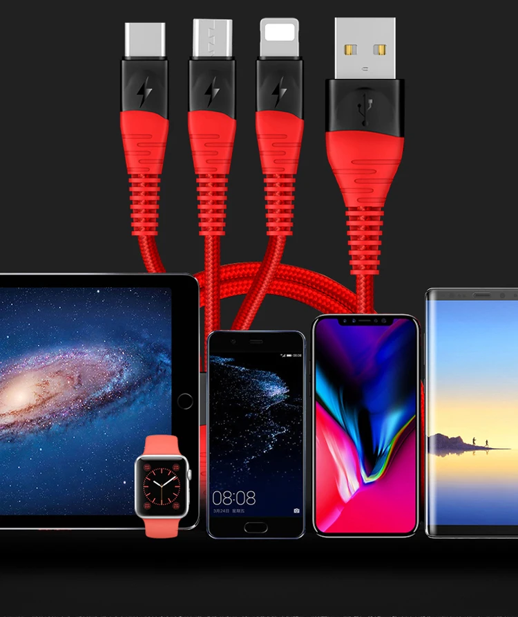 Двойной цвет черный+ красный 3 в 1 USB кабель для Iphone Micro usb type C 2.4A провод для iPhone X Xiaomi samsung S9 провод для быстрой зарядки