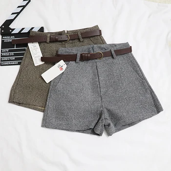 

HENGSONG Autumn Winter Slim Wide Leg A-line Shorts Casual Comfortable Elegant Wild Shorts With Belt Women's Woolen Shorts