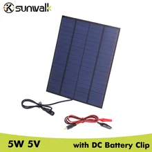 SUNWALK 5W 18V 270mAh Solar Panel Charger with DC 5521 Output Crocodile Battery Clip Solar Charging for Car Battery 12V