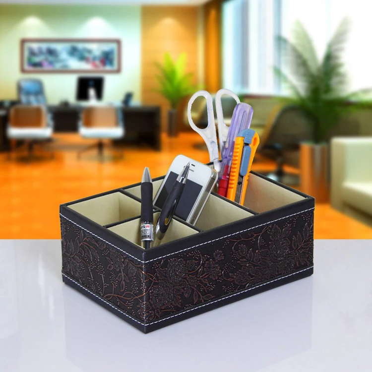 

PITEBO 4 slot leather desk remote controller home sundries storage box display presentation organizer case holder