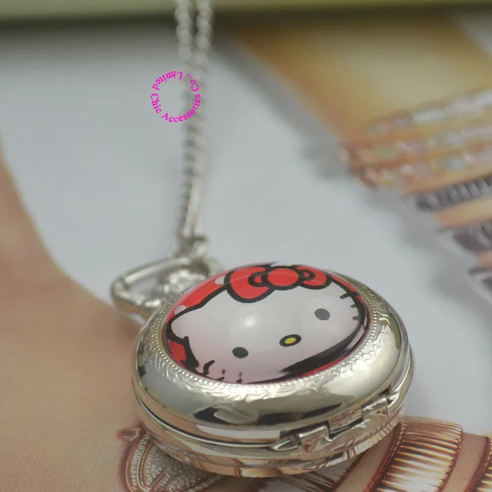 Мода hello kitty карманные часы ожерелье Женские fob часы hellokitty черные круглые выпуклые линзы стеклянная для фотографии милая леди новинка