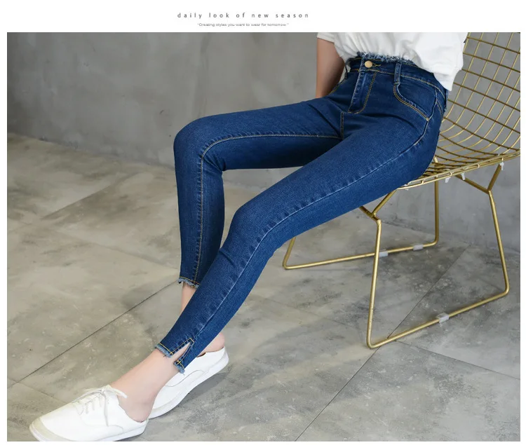 Весна и лето новые джинсы женские девять точек эластичные облегающие зауженные брюки