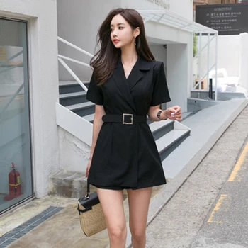 

2019 Spring Summer Rompers Womens Jumpsuit Black Turn-down Collar Sashes Bodysuit Women Fashion Woman's Clothes Office