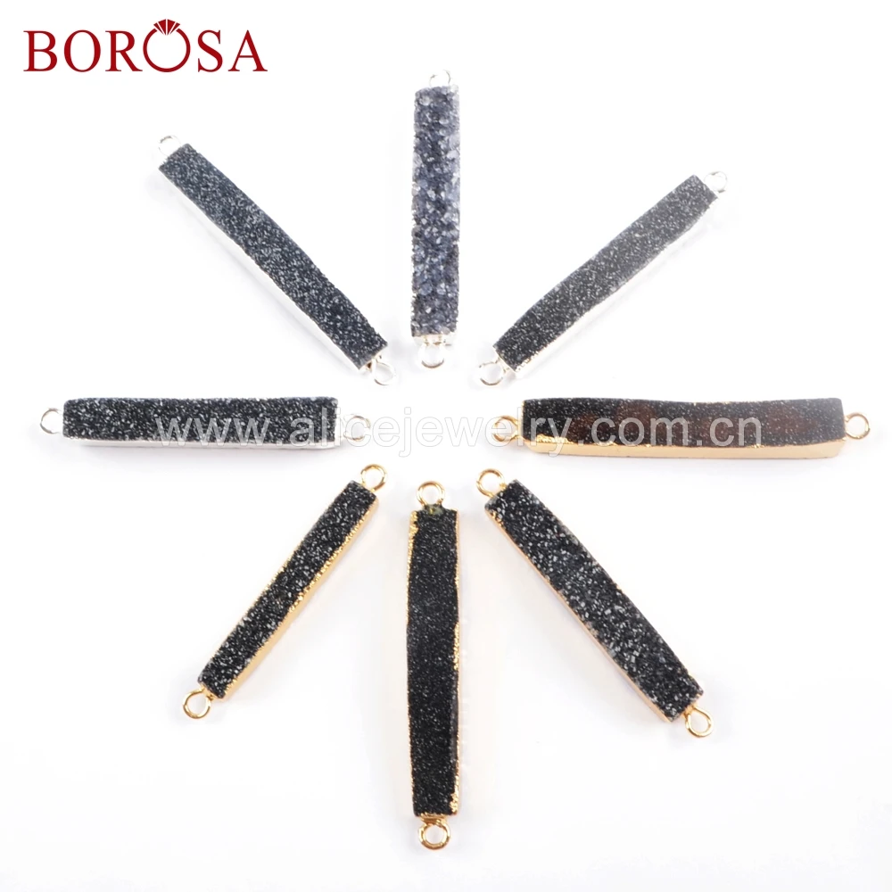 

BOROSA 4pcs Rectangle Black Agates Druzy Connectors Gold Silver Color Natural Stones Bar Jewelry for Bracelet G1693 S1693