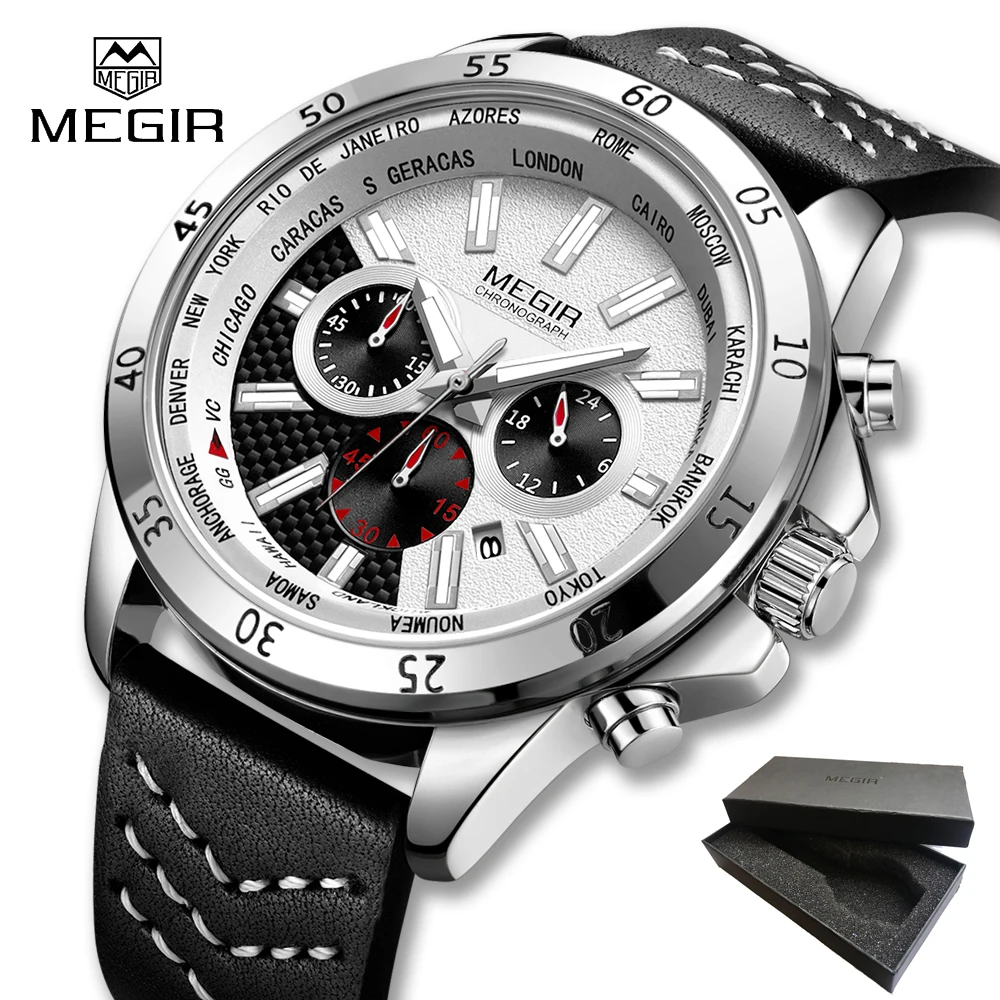 

2019 MEGIR Men Watches Brand Luxury leather Strap Waterproof Sport Quartz Chronograph Military Watch Men Clock Relogio Masculino