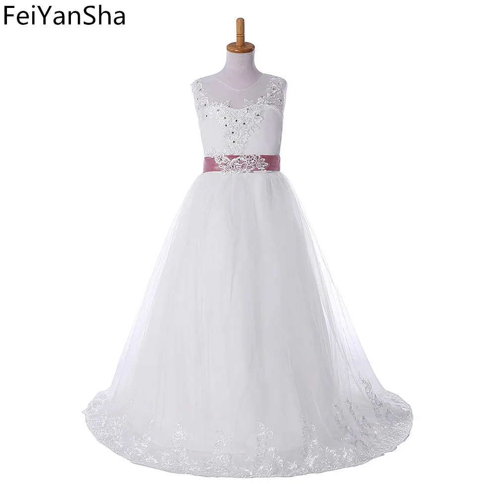 

FeiYanSha Kids Girls Wedding Flower Girl Dress Princess Party Pageant Formal Dress Crossed Back Sleeveless Lace Tulle Dress 2-14