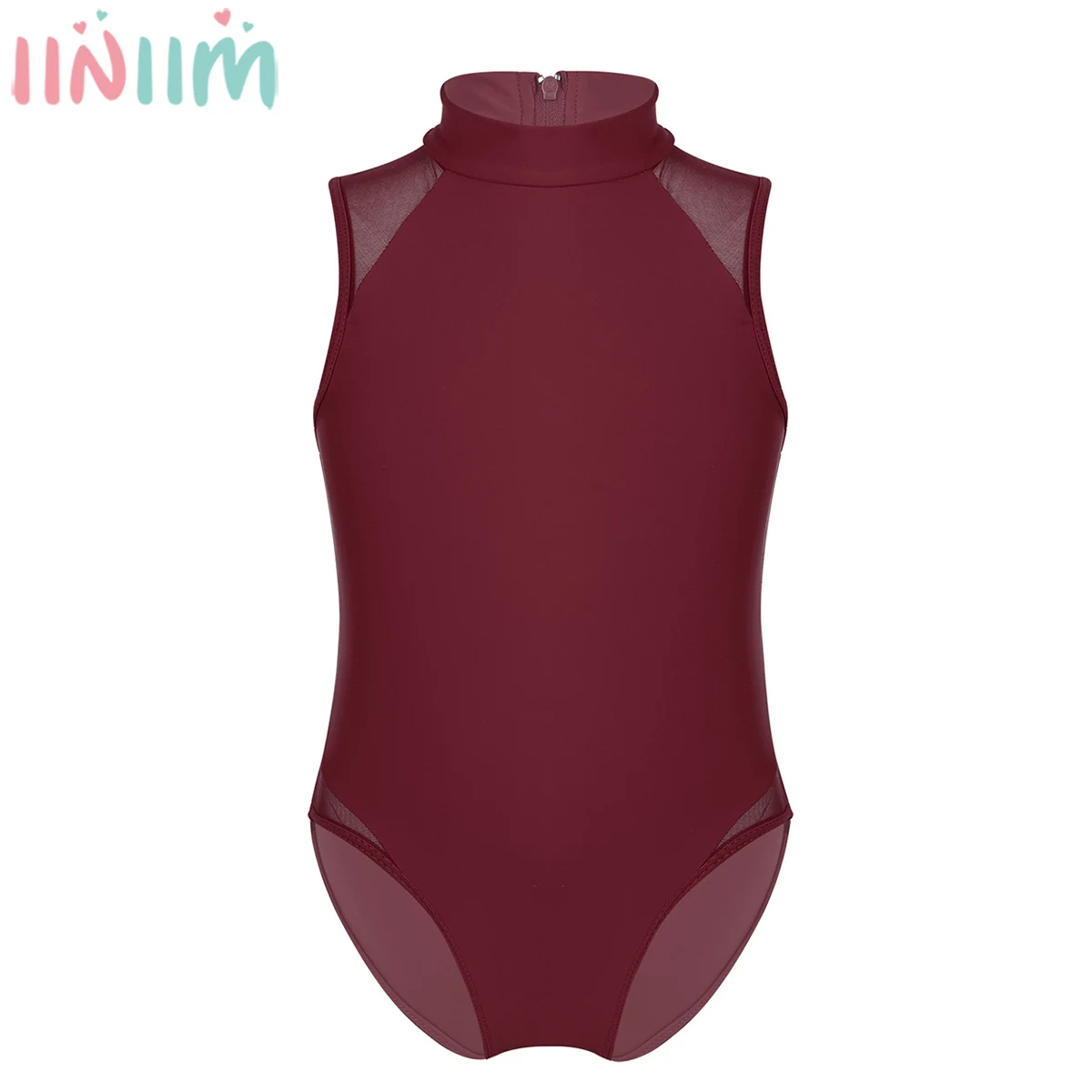 

iiniim Kids Girls Sleeveless Ballerina Mock Neck Mesh Splice Back Zipper Closure Ballet Dance Gymnastics Leotard Bodysuit