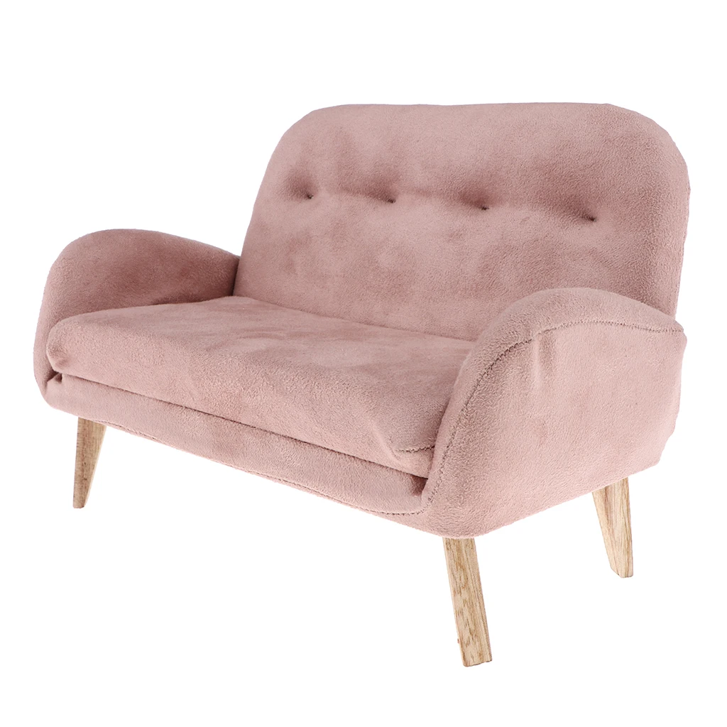 1:6 Dollhouse Miniature Furniture Wooden Flannelette Double Sofa Chair, 12inch Dolls House Couch Furniture