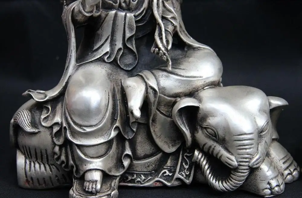 Китайский традиционный белый медный Серебряный Manjusri Собака Лев Samantabhadra статуя Будды