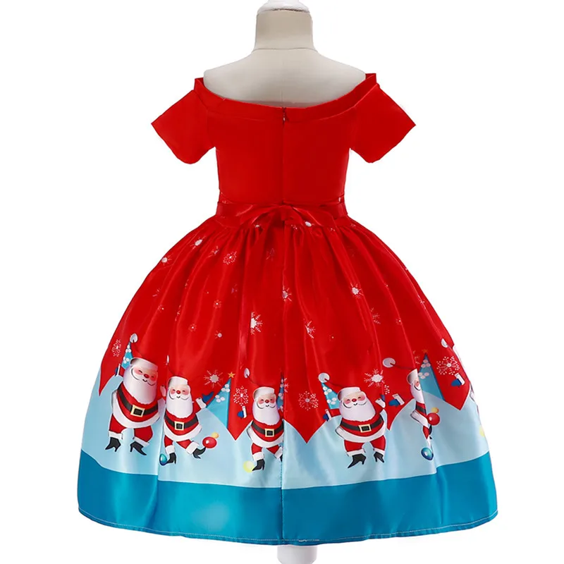 Новые летние девушки сладкий Рождественское праздничное платье Санта Клаус Лось снег Атлас принтом Детские платье принцессы