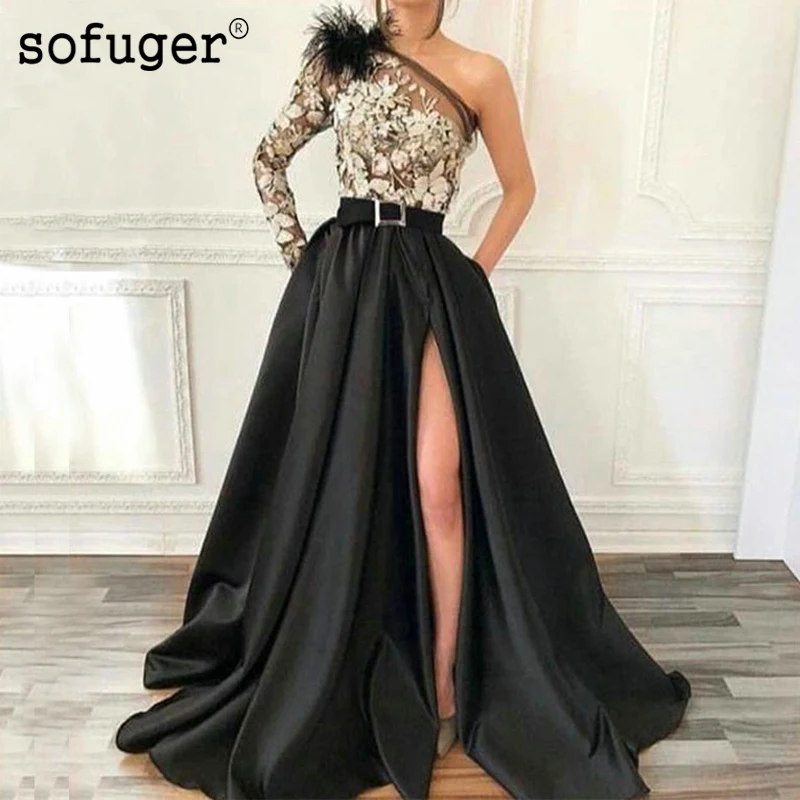 

Black One Shoulder Long Sleeve Evening Dresses 2019 Illusion Sheet Lace Top Dubai Party Gowns Lace Appliques