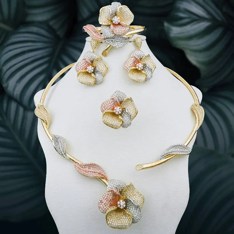 

ModemAngel Big Blooming Flower 3 Tone Copper Necklace Bangle Earring Ring for Women High Quality Wedding Engagement Party