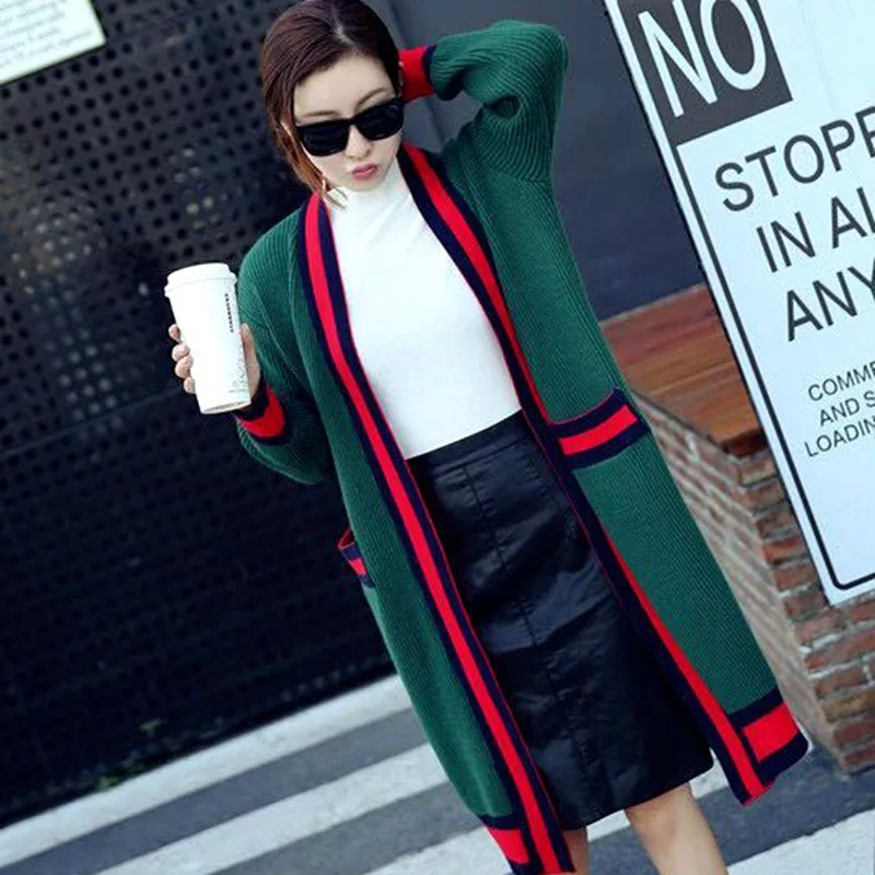 

2019 Medium Long Sweater Cardigan Star of The Same Fashion Spring Autumn Loose Korean Version Striped Black Sweater Women