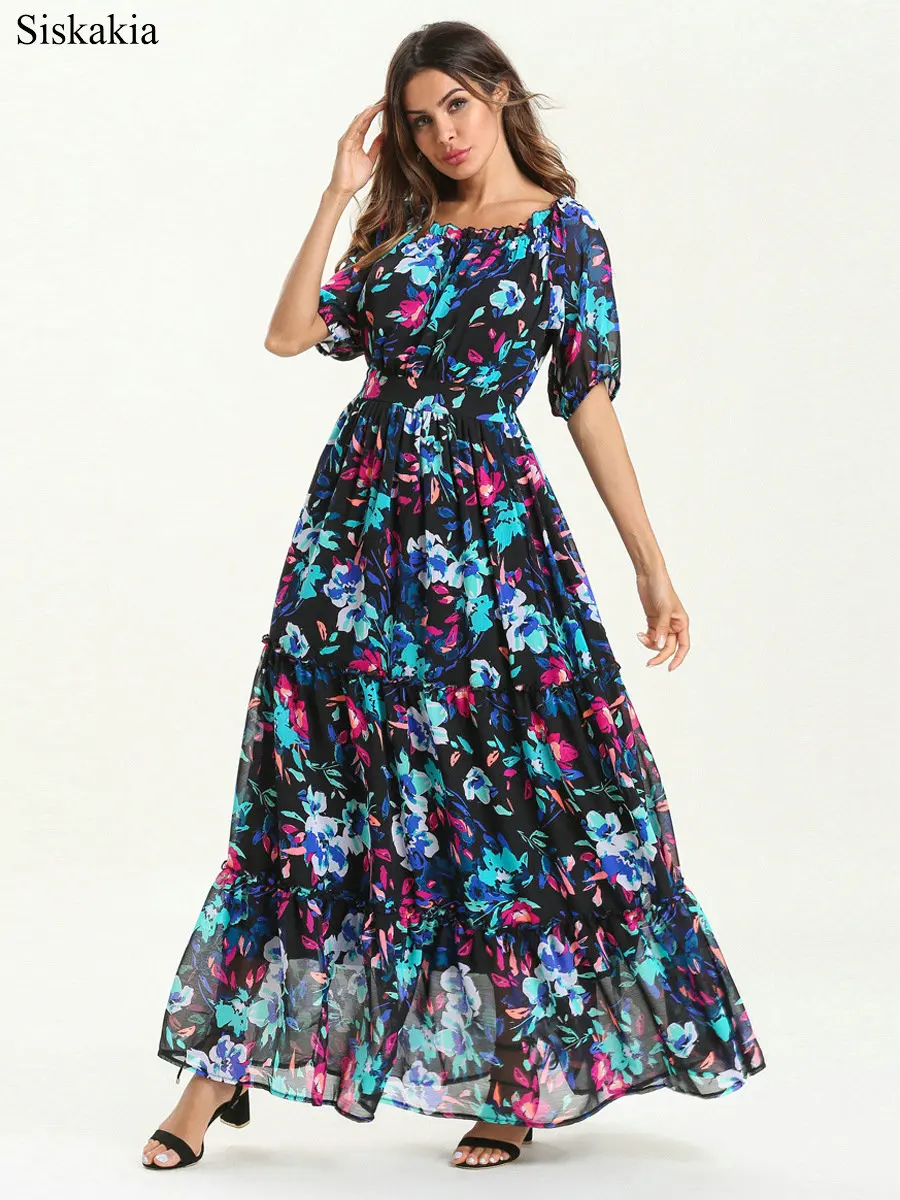 Siskakia Office Ladies Summer Dress Print Elastic Waist Slash Neck Wrapped Breast Long Dresses Color Chiffon Swing Female Dress (5)