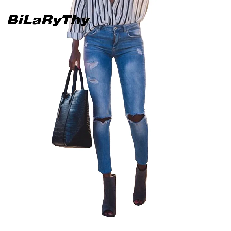 BiLaRyThy Fashion Vintage Women Jeans Low Waist Skinny Ripped Holes Elastic Cotton Denim Pants