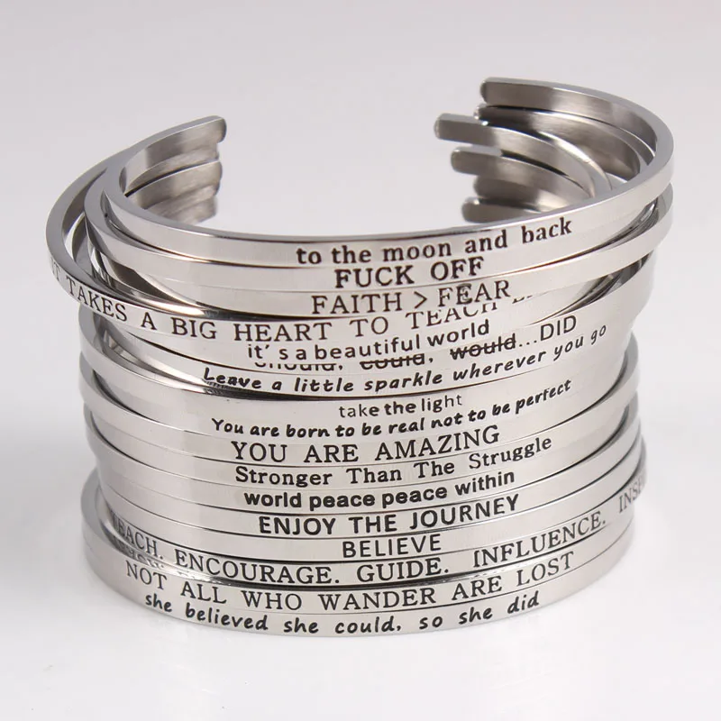 

2017 Trend Custom Stainless Steel Engraved Positive Inspirational Quote Cuff Mantra Bracelet Bangle For for couple lover Gifts