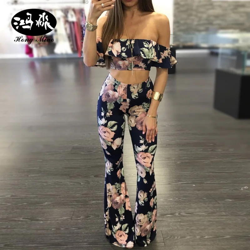 HongMiao Women Two Piece Set Floral Print Top And Pants Off Shoulder — free download