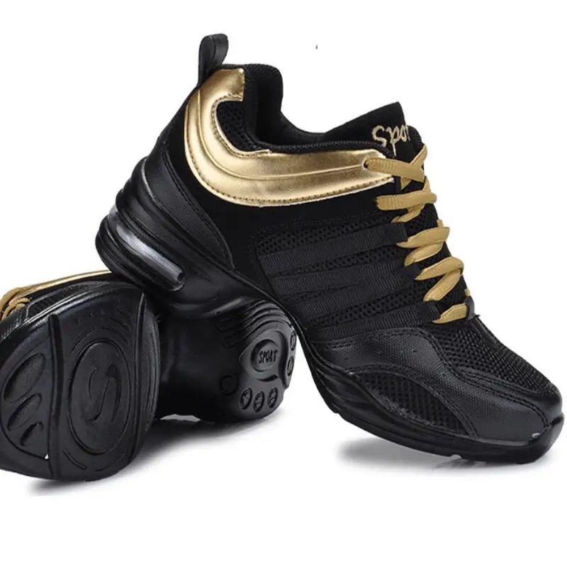 Женские Джазовые кроссовки; повседневная обувь черного цвета; кроссовки на платформе со шнуровкой из сетчатого материала; дышащая обувь для танцев; zapatillas mujer - Цвет: Gold Black