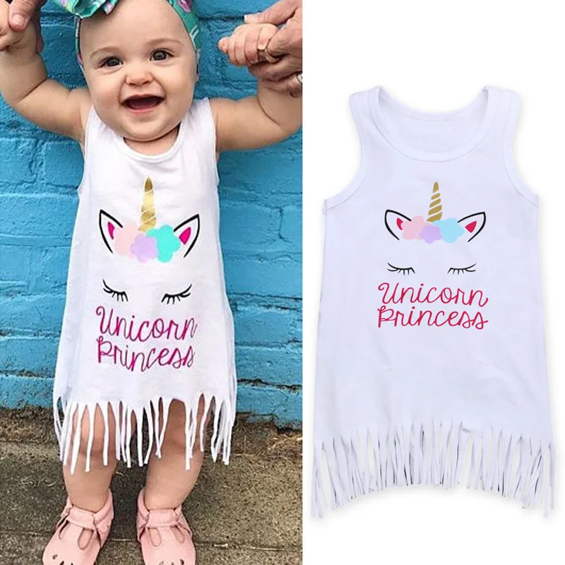 

[Bosudhsou] ASL-32 Lovely Princess Toddler Kids Baby Girls Sleeveless Dress Tassel Party Gown Tassel Unicorn Children Clothing