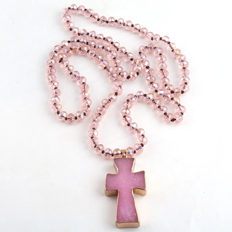 Free Shipping Fashion Pink Long Crystal Glass Knotted Cross Pendant