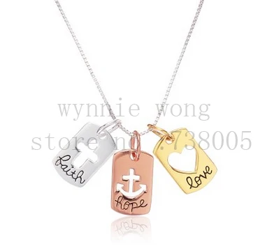 

2015 New Inspirational Tri Colored Silver Yellow, Rose Gold Flashed "Faith Hope Love" Open Cross Hearts Charm Pendant Necklace