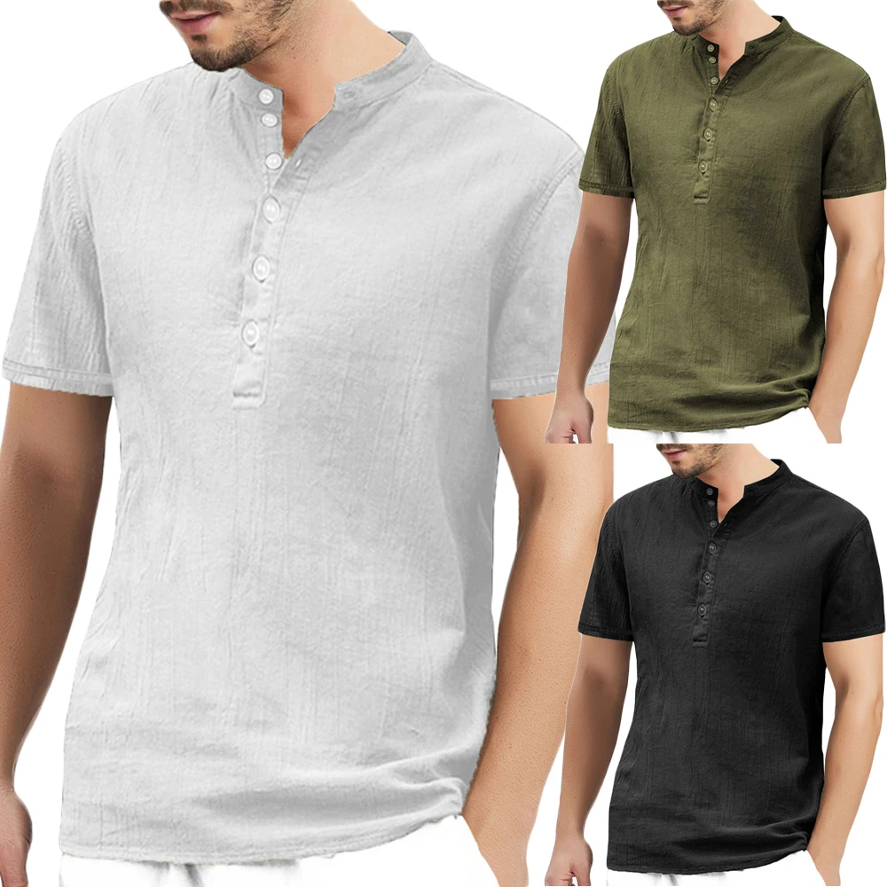 Мужские эллипсоида хлопковые льняные рубашки Slim Fit дышит прикольные футболки Повседневное с коротким рукавом Свободные топы Летняя одежда