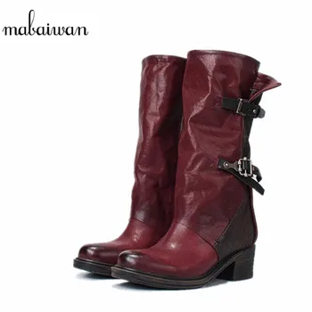 

Mabaiwan 2017 Fashion Buckle Military Cowboy Boots Mid Calf Genuine Leather Women Shoes Zip Retro Motorcycle Shoes Woman Flats