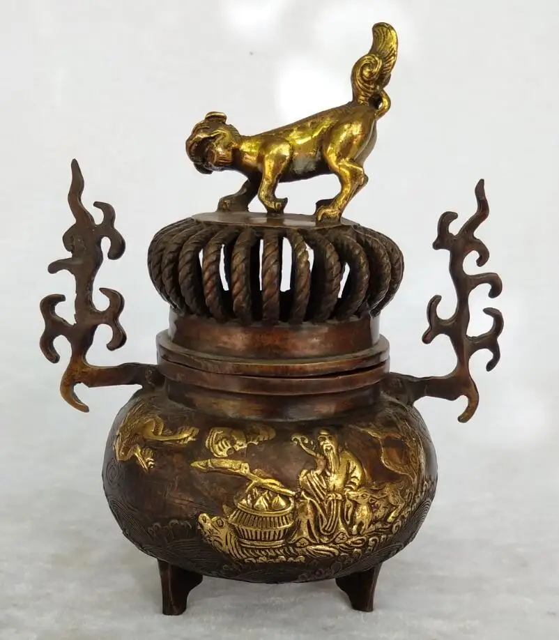 

Antique collection chinese old bronze Longevity god Incense burner home art decoration Metal craft Big dog lid censer