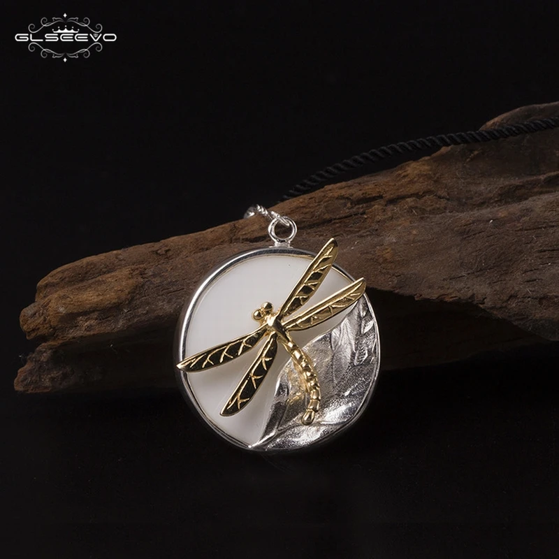 

GLSEEVO 925 Sterling Silver Dragonfly Women's Necklace White Ceramics Leaf Pendant Necklace Handmade Jewelry Kolye GN0020