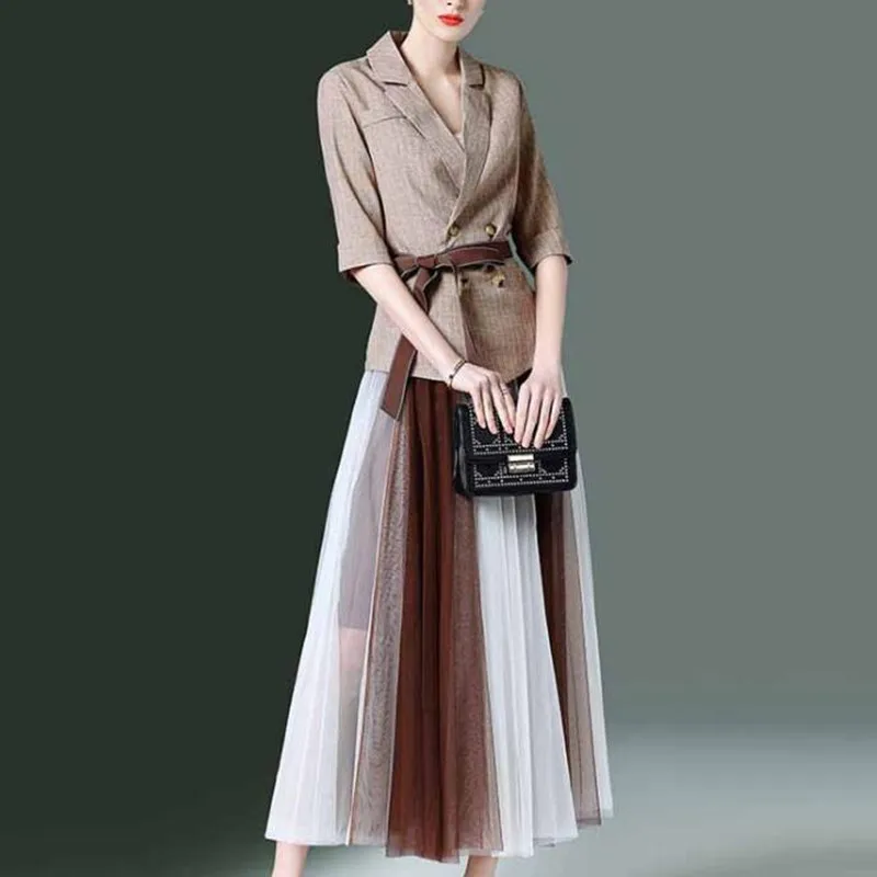

Vintage Women Sets Double Breasted Blazer Suit Jacket Tops and Tulle Tutu Skirt 2019 Spring Autumn Casual Office Two Piece Suits