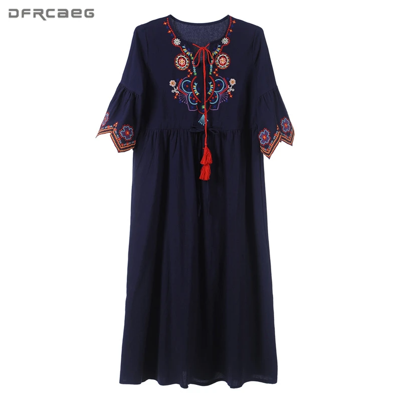 

Ethnic Style Loose Boho Dresses For Women Lace Up Summer Beach Casual Robe Femme Midi Dress Flare Sleeve Drawstring Vestido 2018