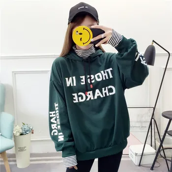

OllyMurs Women Loose Casual Sweatshirt Striped Patchwork Girls Turtleneck Thin Hoodies Pullover Korean Fashion Long Sleeve Tops