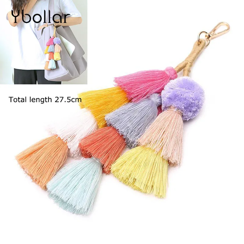 

Colorful Handmade Key Chain Bohemian Pompon Layered Cotton Tassels Women Bag Hanging Pendant Jewelry Car Accessory