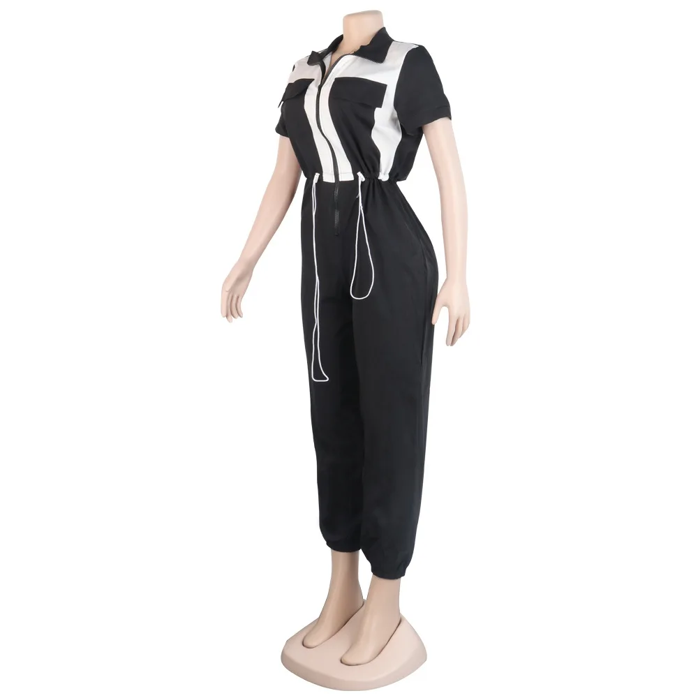 Vintage Patchwork Zipper Female Jumpsuit Casual Short Sleeve Turn-Down Collar Slim Rompers Lace Up Bandage Overalls For Women