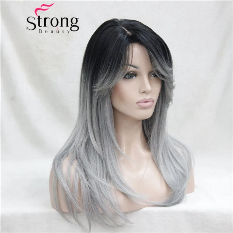 GK-15088TT2-M.GREY 178 Ombre Black Root With Grey Mix High-Quality Heat Ok Long Straight Skin Top Wig (2)