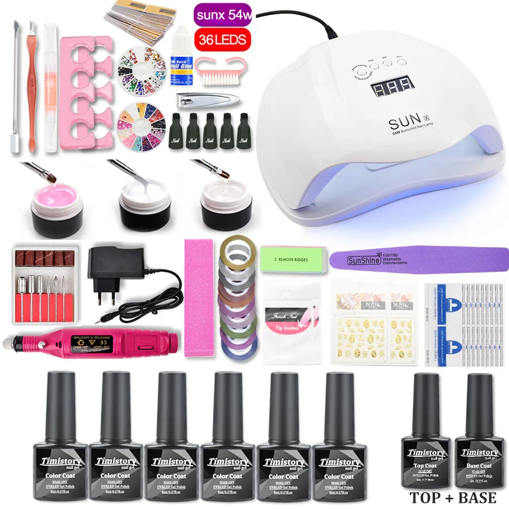 

54W/48W/36W UV LAMP Manicure Set Kit Tools 6pcs Gel Nail Polish Set Kit UV Nail Extension Gel Set With Nail Drill Nail Art Sets
