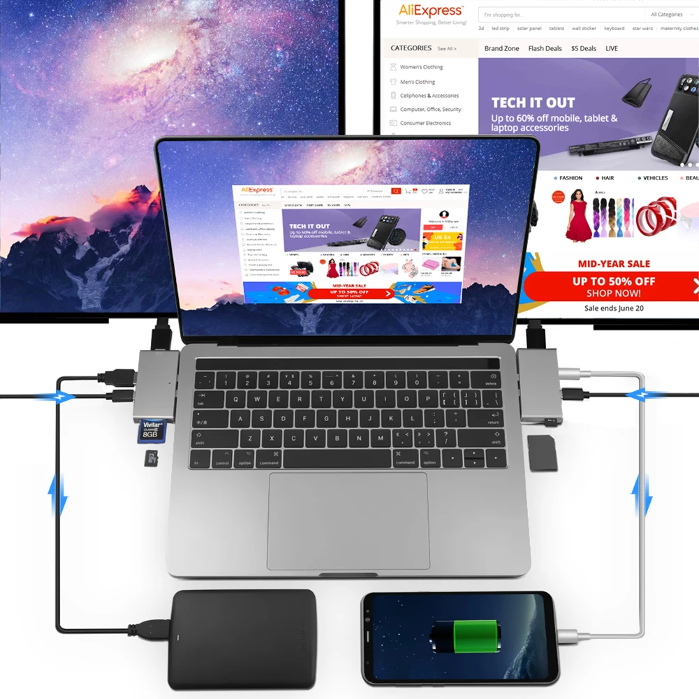 Концентратор USB C HDMI 4k для MacBook Pro thunderbolt 3 Type концентратор с кардридером TF SD 0 порт