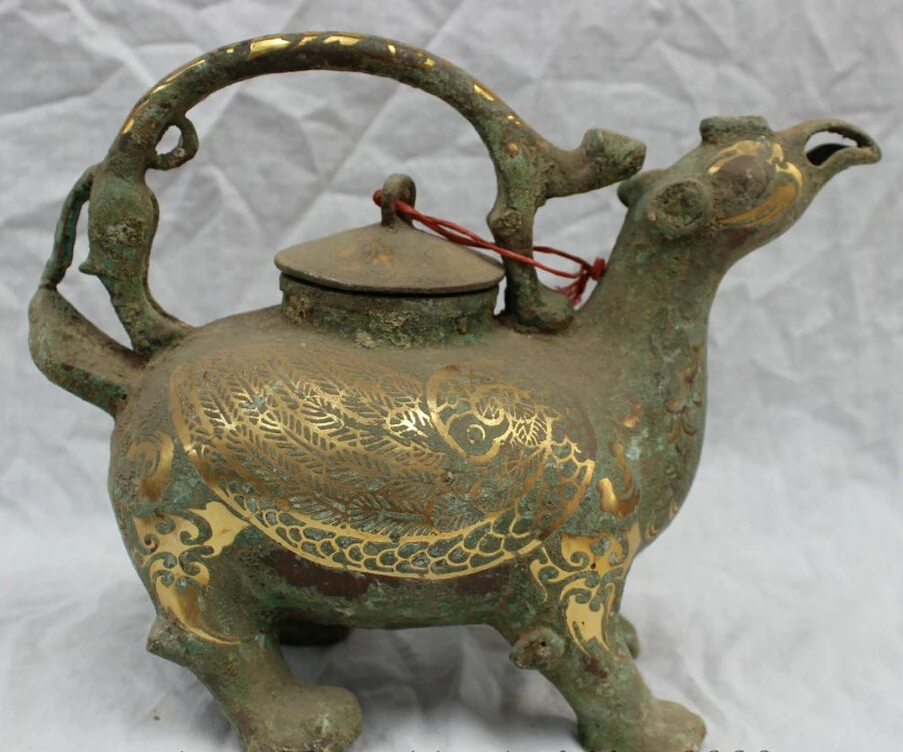

song voge gem S3615 11" Chinese Dynasty Folk Phoenix Old Bronze Gilt Statue Bird Pot Bottle Flagon