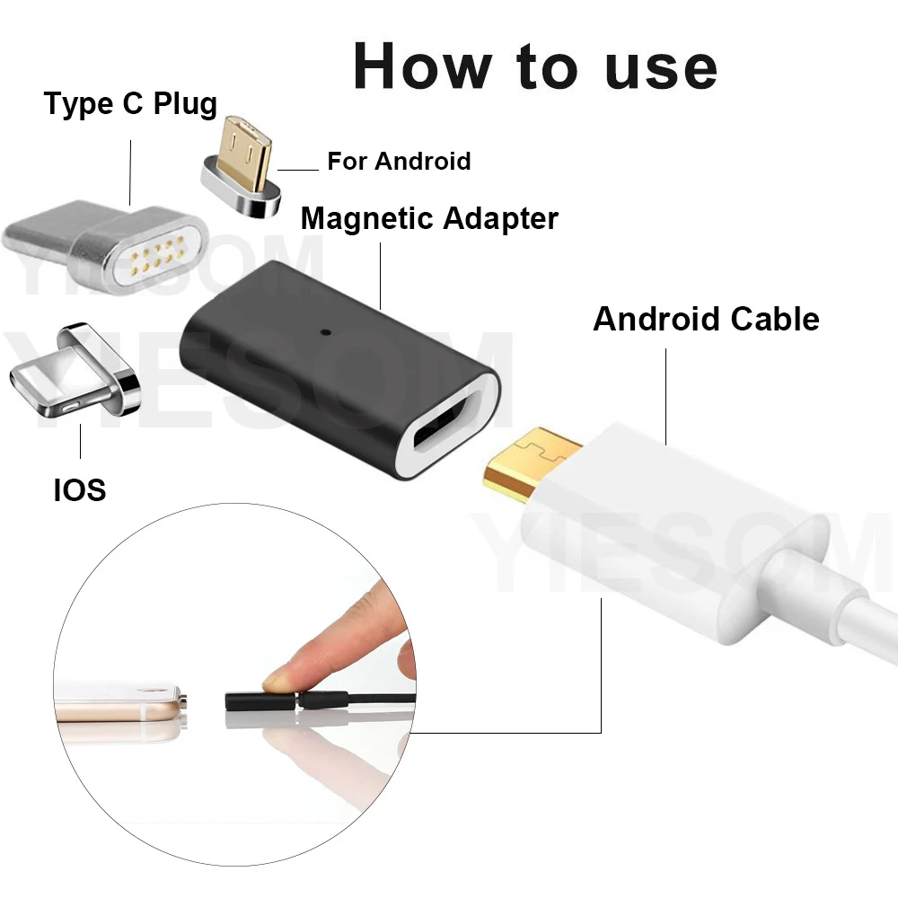Магнитный зарядный кабель YIESOM Type C/Micro USB/для iPhone 3 в 1 переходник для Android адаптер с